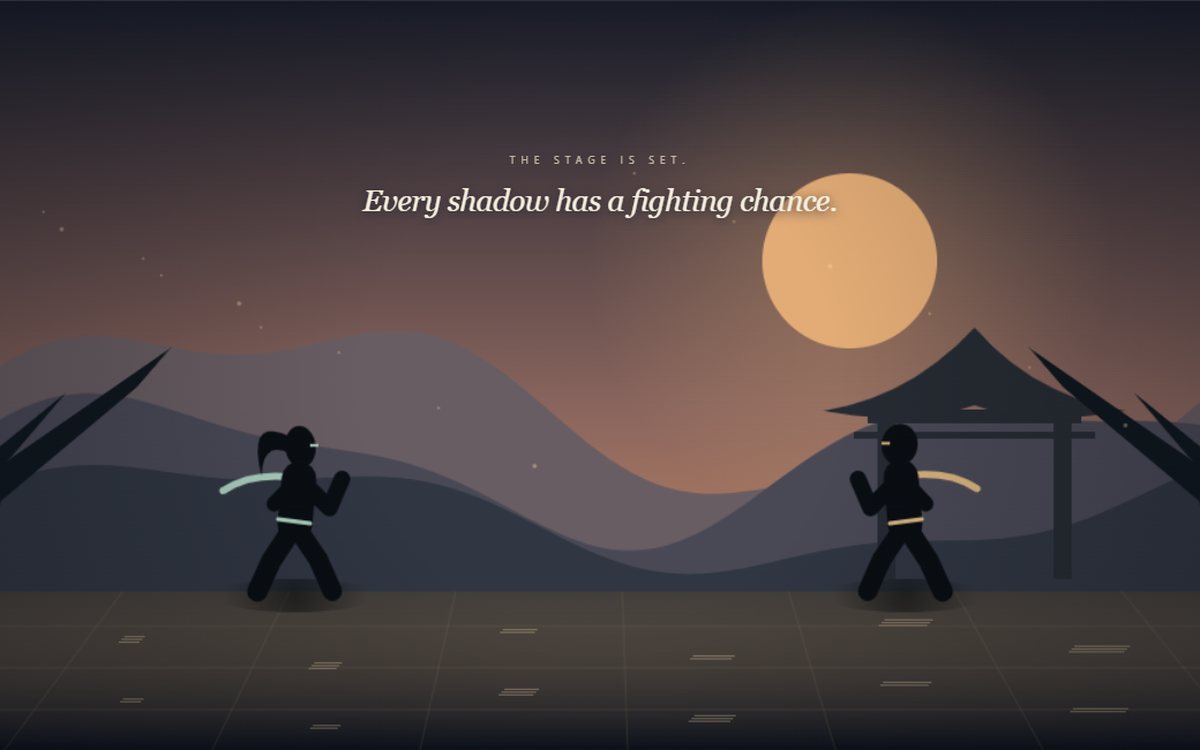 Dusk Duel arena: two silhouetted fighters face off in a twilight courtyard under a full moon