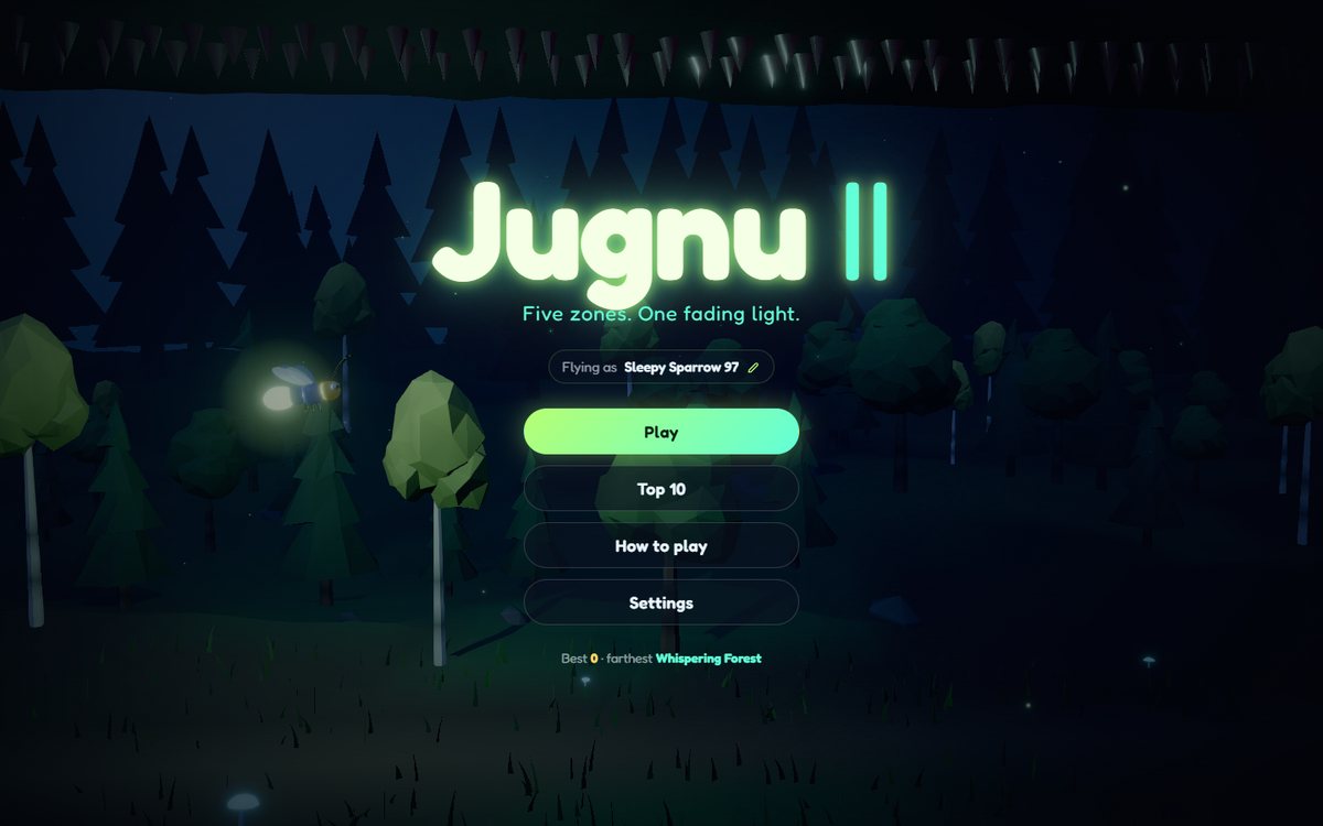Jugnu II title screen: a glowing firefly beside low-poly trees in a night forest