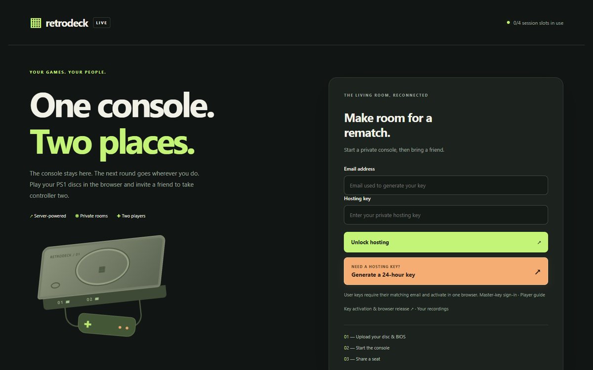 RetroDeck Live landing page: 'One console. Two places.' with the hosting key form